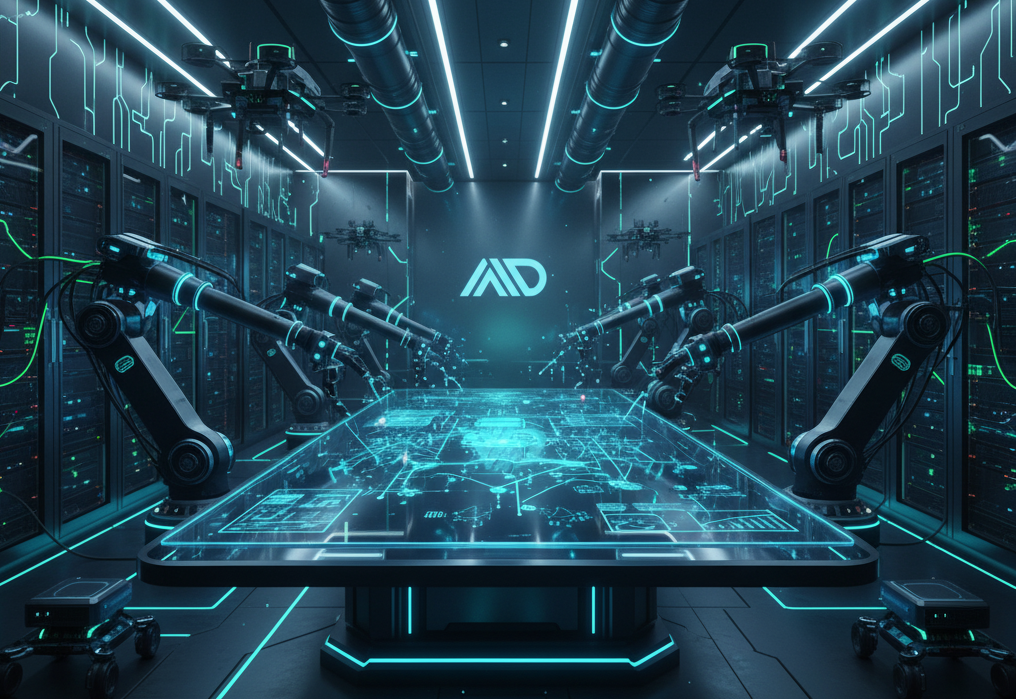 A futuristic server room with rows of glowing green server racks on either side. In the center, a large, interactive glass table displays a complex blue holographic map or circuit board design. Multiple robotic arms extend over the table, poised for intricate work. Several small, wheeled robots are visible on the floor, and drone-like devices hover near the ceiling. The room is illuminated by neon blue lights, creating an atmosphere of advanced technology and automation. A stylized logo 'AID' is subtly visible in the background