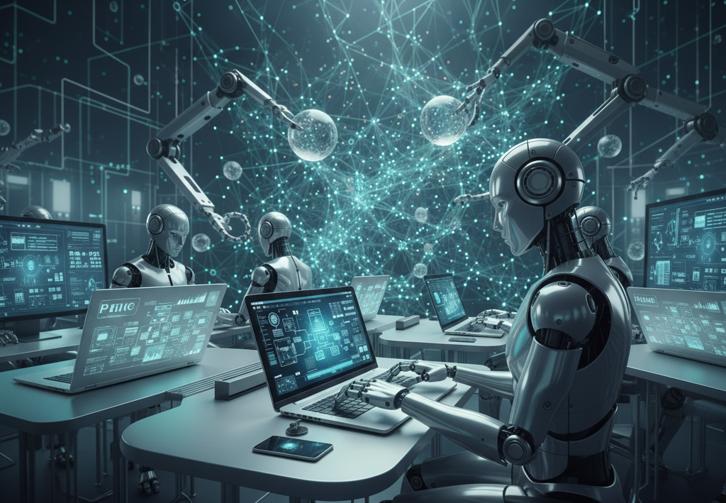 Several humanoid robots are seated at desks, intently working on laptops. The laptops display glowing blue user interfaces with complex data nodes and flowcharts. In the background, a web of interconnected glowing blue lines and spheres represents a vast network or data processing, symbolizing AI workflow automation. Robotic arms extend from the top of the frame, further emphasizing automation. The overall scene is sleek and futuristic, set in a dimly lit, high-tech environment